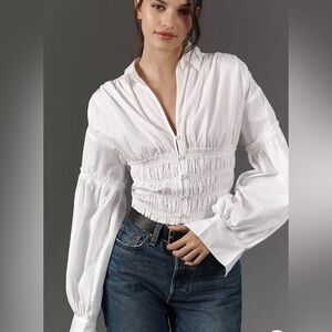 Anthropologie Balloon Sleeve Shirred White Blouse Top